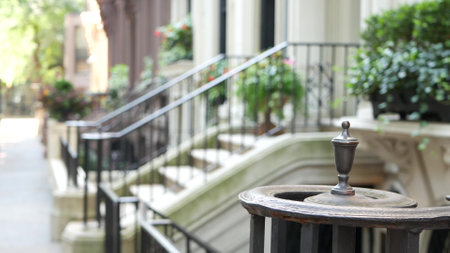 New York City townhouse building, Brooklyn Heights residential district, USA. Brownstone urban architecture, attached house. United States real estate, american property, apartments and homes in NYC.の写真素材