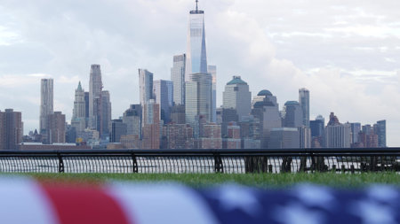 New York City waterfront skyline, Manhattan Downtown World Trade Center skyscraper. Cityscape from New Jersey, United States. Windの写真素材