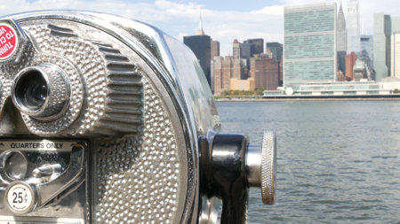 New York City waterfront skyline, Manhattan Midtown buildings, riverfront skyscrapers by East river water. Waterside cityscape, tower viewer, Gantry Plaza. Long Island, Queens. United States tourism.のeditorial素材
