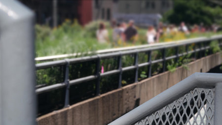 New York City High Line elevated greenway, Manhattan Midtown, USA. People pedestrians in urban public park. Promenade in garden greenery. American street life, Chelsea highline near Hudson Yards.のeditorial素材