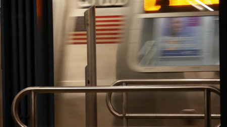 New York City subway station, underground metropolitan platform sign. Metro railway train, passenger...