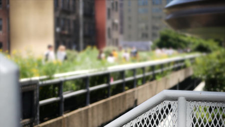 New York City High Line elevated greenway, Manhattan Midtown, USA. People pedestrians in urban public park. Promenade in garden greenery. American street life, Chelsea highline near Hudson Yards.の写真素材