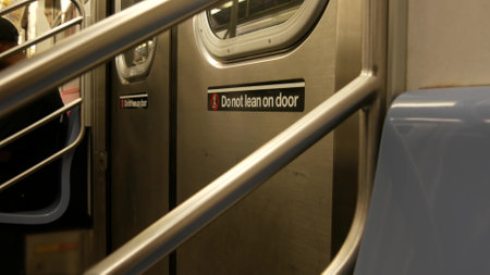 New York City subway train, inside metropolitan wagon. United States metro transport, NYC passenger...
