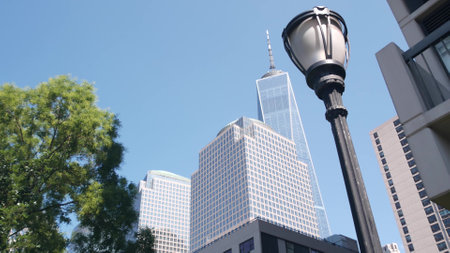 New York City Manhattan, Downtown Financial District architecture, United States. One World Trade Center skyscraper building, USA. American urban street. Freedom tower in NYC. Battery park. Brookfieldの写真素材