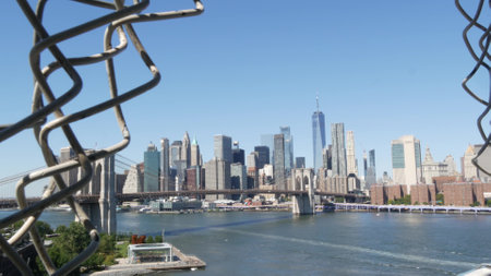 Brooklyn Bridge from Manhattan Bridge. New York City downtown skyline, financial district cityscape, World Trade Center. Travel USA. Architecture by East River water, United States. Dumbo carouselの写真素材