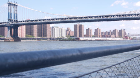 New York City Manhattan Bridge, Brooklyn waterfront, United States. Dumbo riverfront promenade by...