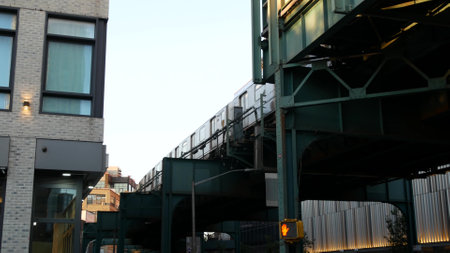 New York elevated subway, metropolitan bridge, metro track above street. Railway transport over...