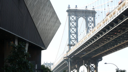 Manhattan Bridge to Brooklyn Dumbo. New York City symbol, USA travel destination. Architecture of...