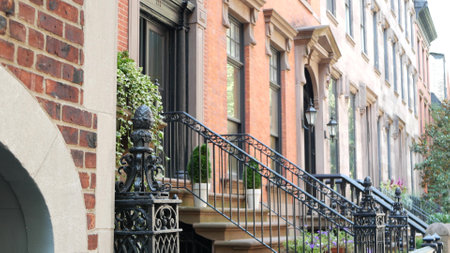 New York City townhouse building, Brooklyn Heights residential district, USA. Brownstone urban architecture, attached house. United States real estate, american property, apartments and homes in NYC.の写真素材