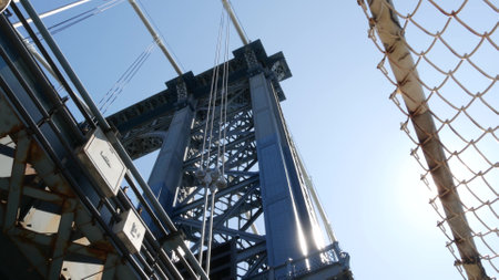 Manhattan Bridge to Brooklyn Dumbo. New York City symbol, USA travel destination. Architecture of...