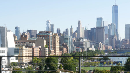 New York City waterfront skyline, Manhattan Downtown Financial district, World Trade Center building, riverfront skyscrapers, WTC from pier in Chelsea, United States architecture. Hudson river.の写真素材