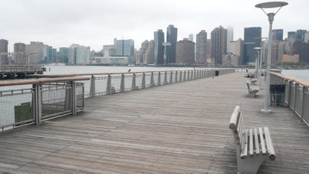 New York City waterfront skyline, Manhattan Midtown buildings, riverfront skyscrapers by East river water. Waterside cityscape view, Gantry Plaza pier, Long Island, Queens. United States architecture.の写真素材