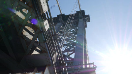 Manhattan Bridge to Brooklyn Dumbo. New York City symbol, USA travel destination. Architecture of United States, tourist landmark. Cable-stayed bridge. Cables and sky from pedestrian path. Sun rays.の写真素材