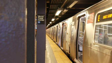 New York, United States - 10 Sept 2023: Subway station, underground metropolitan platform sign. Metro railway passenger public transport. Text signboard World Trade Center. Oculus, Manhattan downtown.のeditorial素材