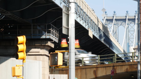 New York City, United States - 7 Sept 2023: Traffic road under Manhattan Bridge in Brooklyn. Cars on street, transport intersection in Dumbo. Vehicles below bridge on Brooklyn - Queens expressway.のeditorial素材