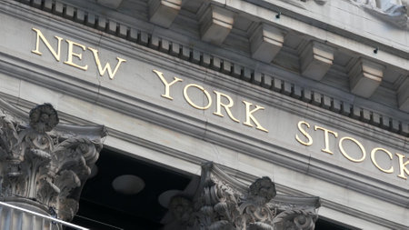 New York City, United States - 3 Sept 2023: Manhattan Downtown Financial District urban architecture. American Wall street Stock Exchange building facade columns, USA Stock Market trading. NYC FiDi.のeditorial素材