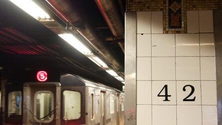 New York City, United States - 29 Aug 2023: Subway station interior, underground metropolitan platform sign. Metro railway train, passenger transport. Text 42 street. Grand Central Terminal, Manhattanのeditorial素材