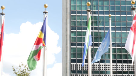 New York City, United States - 12 Sept 2023: United Nations UN Headquarters, Manhattan Midtown, USA. Diplomatic political international organization. Flags row for General Assembly conference session.のeditorial素材