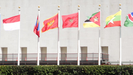 New York City, United States - 12 Sept 2023: United Nations UN Headquarters, Manhattan Midtown, USA. Diplomatic political international organization. Flags row for General Assembly conference session.のeditorial素材