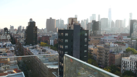 New York City, United States - 7 Sept 2023: Manhattan skyline cityscape. Rooftop view point, residential district buildings roofs. World trade center. Lower East Side and Downtown financial district.のeditorial素材