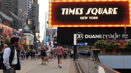 New York City, United States - 14 Sept 2023: Times Square Manhattan Midtown Broadway street, USA. American NYC urban life. Road traffic, people pedestrians, commercial billboard screens. Double-deckerのeditorial素材