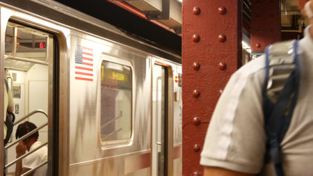 New York City, United States - 3 Sept 2023: Subway station, underground metropolitan platform sign. Metro train, railway passenger transport. Text signage 5 avenue, Bryant Park. Fifth ave, Manhattan.のeditorial素材