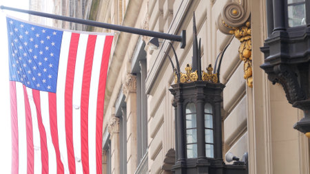 New York City, United States - 6 Sept 2023: Grand Lodge of Masons building facade, Manhattan street. Freemasons headquarters architecture. Masonry organization in NYC, USA. Masonic Hall exterior. Flagのeditorial素材