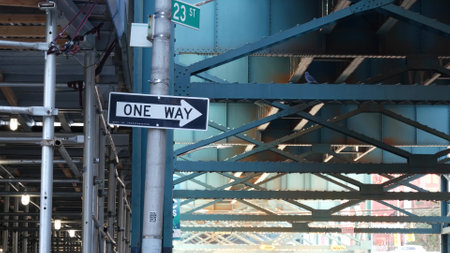 New York City, United States - 1 Sept 2023: Elevated subway, metropolitan bridge, metro track above street. Railway transport over road. One way roadsign, scaffold. Queens railroad line, Long Island.のeditorial素材