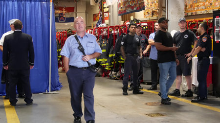 New York City, United States - 11 September 2023: Firefighters celebrate Patriot Day. 911 memorial...
