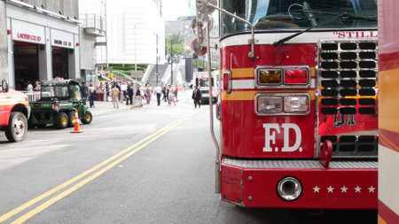 New York City, United States - 11 September 2023: Firefighters celebrate Patriot Day. 911 memorial remembrance event, FDNY commemorate anniversary. Fire Department Station, Manhattan 10 Ten Firehouse.のeditorial素材