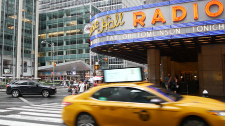 New York, United States - 10 Sept 2023: Manhattan Midtown street. Radio City Music Hall, Rockefeller...