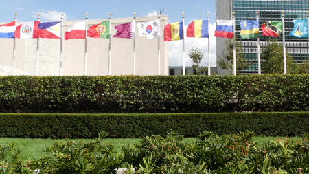 New York City, United States - 12 Sept 2023: United Nations UN Headquarters, Manhattan Midtown, USA....
