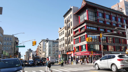 New York City, United States - 14 Sept 2023: Manhattan Chinatown Canal and Centre street crossroad,...