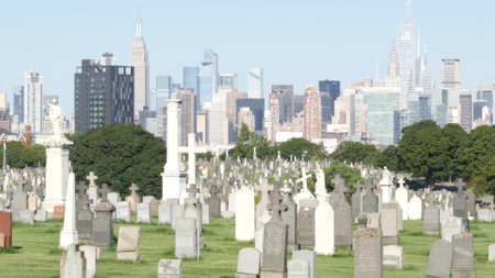 New York City, United States - 14 Sept 2023: Calvary cemetery in Queens, USA. Manhattan Midtown...