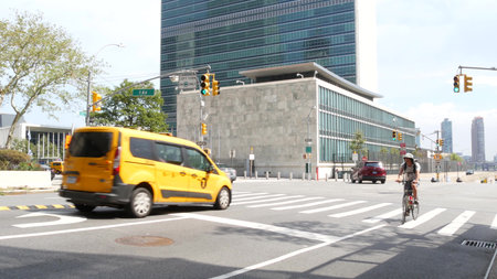 New York City, United States - 4 Sept 2023: United Nations UN Headquarters, Manhattan Midtown, USA....