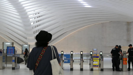 New York City, United States - 10 Sept 2023: World Trade Center Oculus subway transport hub...