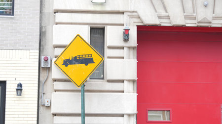 New York City, United States - 30 Aug 2023: NYFD sign, USA fire department truck, american...
