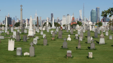 New York City, United States - 14 Sept 2023: Calvary cemetery in Queens, USA. Manhattan Midtown...
