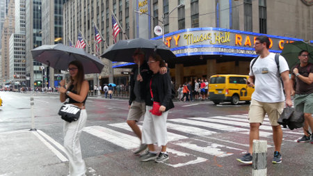 New York, United States - 10 Sept 2023: Manhattan Midtown street. Radio City Music Hall, Rockefeller...