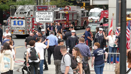 New York City, United States - 11 September 2023: Firefighters celebrate Patriot Day. 911 memorial...