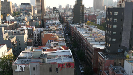 New York City, United States - 7 Sept 2023: Manhattan skyline cityscape. Rooftop graffiti on...