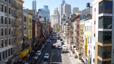 New York City, United States - 14 Sept 2023: Manhattan Chinatown East Broadway street, chinese...