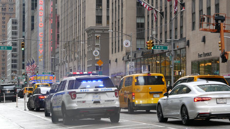 New York, United States - 10 Sept 2023: Police patrol car, Radio City Music Hall. USA NYPD 911,...
