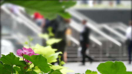 New York City, United States - 11 Sept 2023: Manhattan Midtown Lexington avenue. Defocused people pedestrian exiting subway metro station, stairs on 53 street, USA urban life. Park greenery, flowers.のeditorial素材