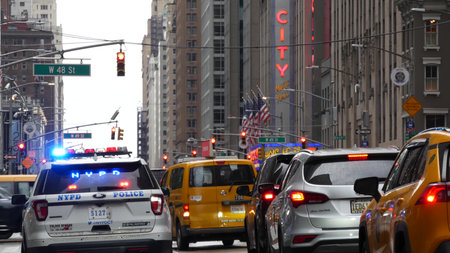 New York, United States - 10 Sept 2023: Police patrol car, Radio City Music Hall. USA NYPD 911,...