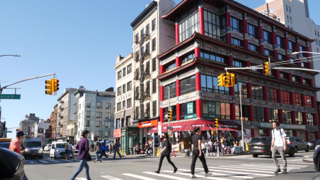 New York City, United States - 14 Sept 2023: Manhattan Chinatown Canal and Centre street crossroad,...