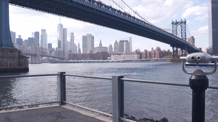 New York City, United States - 30 Aug 2023: Manhattan Bridge lookout, tower viewer binoculars,...