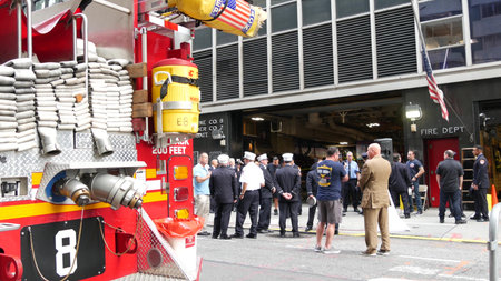New York City, United States - 11 September 2023: Firefighters celebrate Patriot Day. 911 memorial...