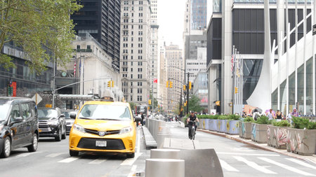 New York City, United States - 10 Sept 2023: Manhattan Downtown Financial District Church street, crossroad intersection zebra. Road car traffic, Yellow taxi. People pedestrian near World Trade Centerのeditorial素材