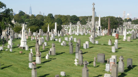 New York City, United States - 14 Sept 2023: Calvary cemetery in Queens, USA. Manhattan Downtown...